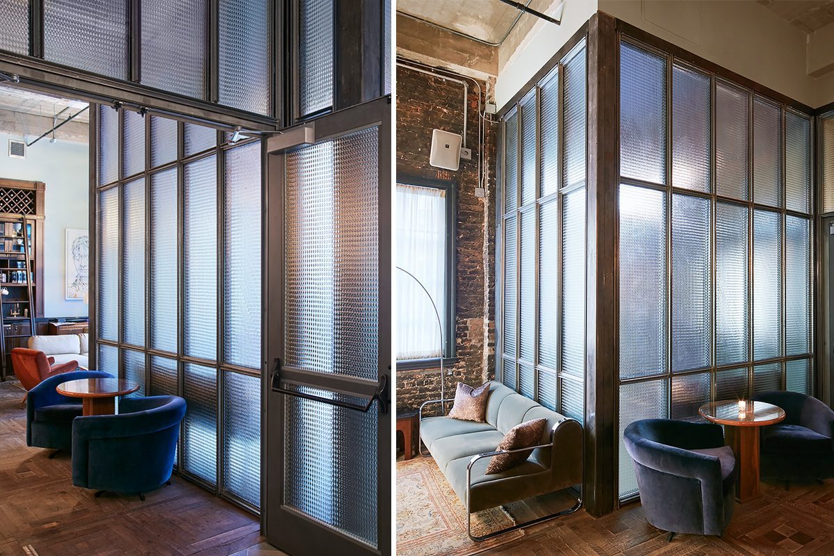 Jewel textured glass partitions for Ludlow House, NY by Nathan Allan Glass Studios